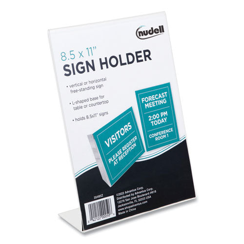 Image of NuDell 35485Z Clear Plastic Slanted L-Shaped Countertop Sign Holder, Side-Load, Horizontal/Vertical Orientation, 8.5 x 11 Insert