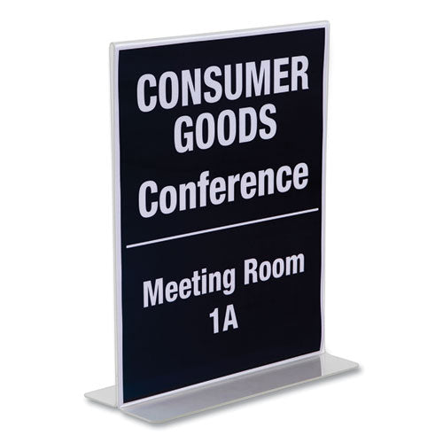 Image of NuDell Clear Plastic T-Shaped Countertop Sign Holder, Two-Sided, Bottom-Load, Horizontal/Vertical Orientation, 8.5 x 11 Insert