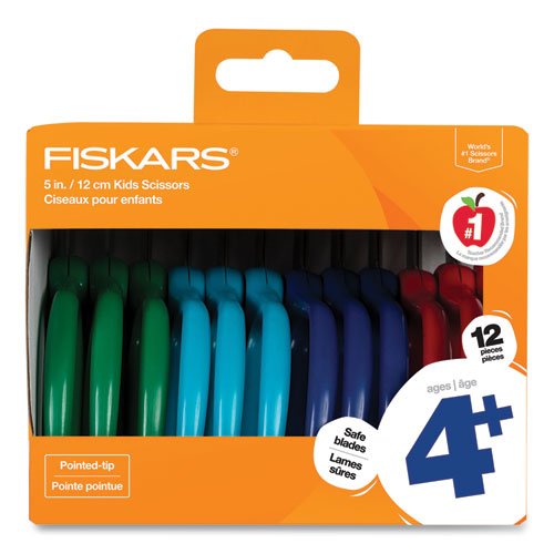 Image of Fiskars® 1067002 Kids Scissors Classpack, Pointed Tip, 5" Long, 1.75" Cut-Length, Straight Assorted Color Handles, 12/Pack