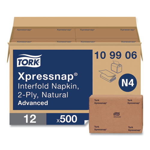 Image of Tork® 109906 Xpressnap Interfold Dispenser Napkins, 2-Ply, 6.5 x 8.5, Natural, 500/Pack, 12 Packs/Carton