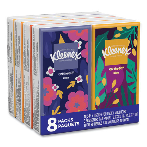 Image of Kleenex® 46651 On The Go Packs Facial Tissues, 3-Ply, White, 10 Sheets/pouch, 8 Pouches/pack, 12 Packs/carton