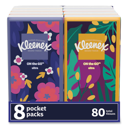 Image of Kleenex® 46651 On The Go Packs Facial Tissues, 3-Ply, White, 10 Sheets/pouch, 8 Pouches/pack