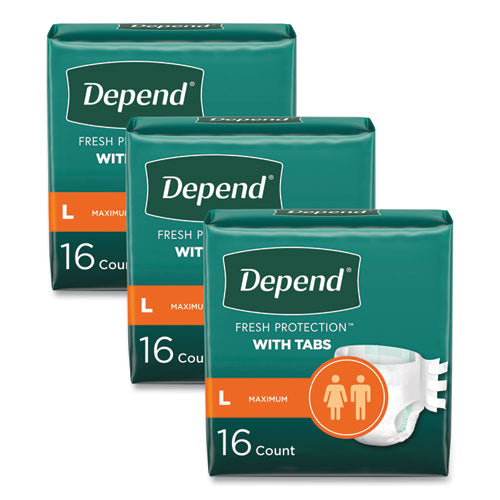 Image of Depend® 35458 Incontinence Protection with Tabs, Large, 35" to 49" Waist, 16/Pack, 3 Packs/Carton
