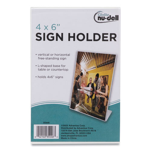 Image of NuDell 35446 Clear Plastic Slanted L-Shaped Countertop Sign Holder, Side-Load, Horizontal/Vertical Orientation, 4 x 6 Insert