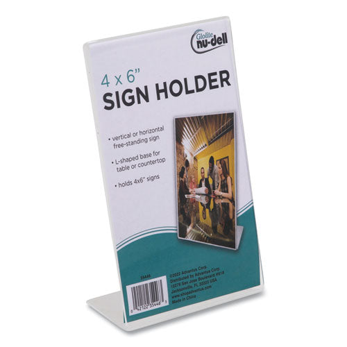 Image of NuDell 35446 Clear Plastic Slanted L-Shaped Countertop Sign Holder, Side-Load, Horizontal/Vertical Orientation, 4 x 6 Insert