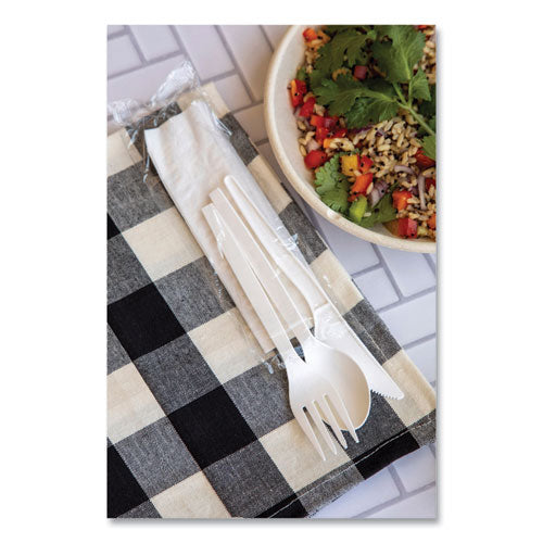 Image of WNA EPS005 EcoSense Renewable PSM Wrapped Cutlery Kit, Fork/Knife/Napkin/Spoon, Plastic, White, 250/Carton