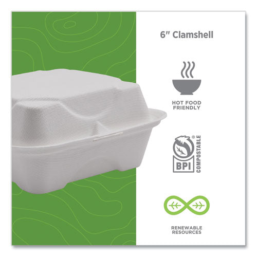 Image of Eco-Products® EP-HC6NFA Vanguard Renewable And Compostable Sugarcane Clamshells, 6 X 6 X 3, White, 500/carton