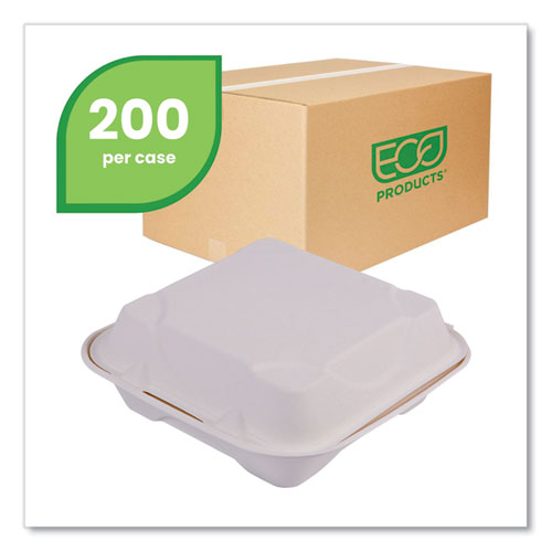 Image of Eco-Products® EP-HC81NFA Vanguard Renewable and Compostable Sugarcane Clamshells, 8 x 8 x 3, White, 200/Carton