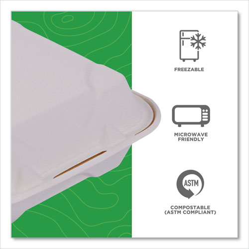 Image of Eco-Products® EP-HC81NFA Vanguard Renewable and Compostable Sugarcane Clamshells, 8 x 8 x 3, White, 200/Carton