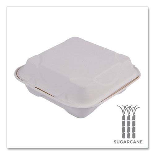 Image of Eco-Products® EP-HC81NFA Vanguard Renewable and Compostable Sugarcane Clamshells, 8 x 8 x 3, White, 200/Carton