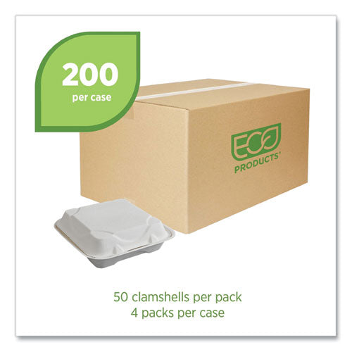 Image of Eco-Products® EP-HC91NFA Vanguard Renewable and Compostable Sugarcane Clamshells, 9 x 9 x 3, White, 200/Carton