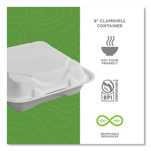 Image of Eco-Products® EP-HC91NFA Vanguard Renewable and Compostable Sugarcane Clamshells, 9 x 9 x 3, White, 200/Carton