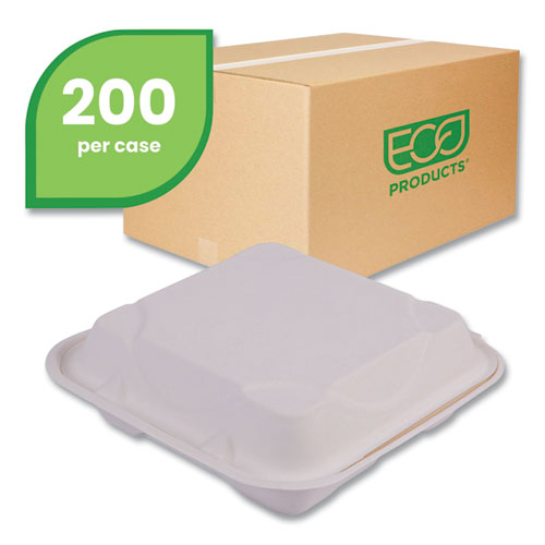 Image of Eco-Products® EP-HC93NFA Vanguard Renewable and Compostable Sugarcane Clamshells, 3 Compartments, 9 x 9 x 3, White, 200/Carton