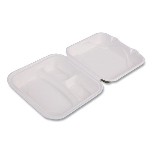 Image of Eco-Products® EP-HC93NFA Vanguard Renewable and Compostable Sugarcane Clamshells, 3 Compartments, 9 x 9 x 3, White, 200/Carton