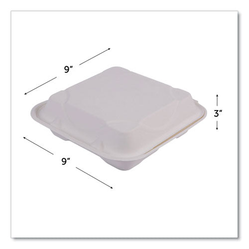 Image of Eco-Products® EP-HC93NFA Vanguard Renewable and Compostable Sugarcane Clamshells, 3 Compartments, 9 x 9 x 3, White, 200/Carton