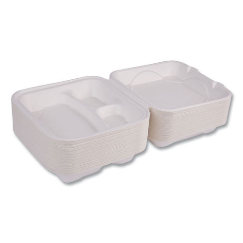 Image of Eco-Products® EP-HC93NFA Vanguard Renewable and Compostable Sugarcane Clamshells, 3 Compartments, 9 x 9 x 3, White, 200/Carton