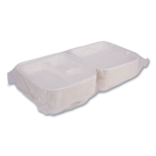 Image of Eco-Products® EP-HC93NFA Vanguard Renewable and Compostable Sugarcane Clamshells, 3 Compartments, 9 x 9 x 3, White, 200/Carton