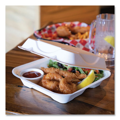 Image of Eco-Products® EP-HC93NFA Vanguard Renewable and Compostable Sugarcane Clamshells, 3 Compartments, 9 x 9 x 3, White, 200/Carton