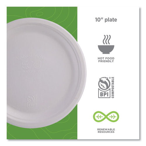 Image of Eco-Products® EP-P005NFA Vanguard Renewable And Compostable Sugarcane Plates, 10" Dia, White, 500/carton