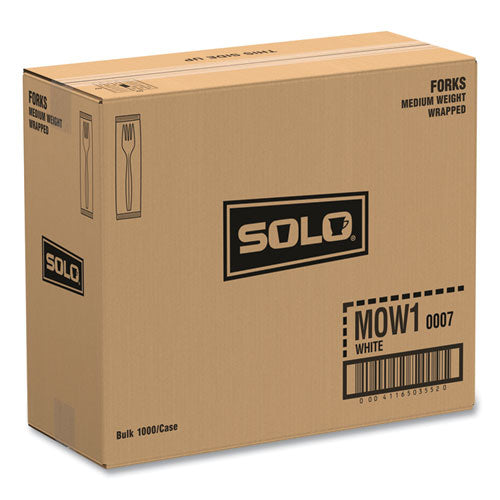 Image of SOLO® MOW1-0007 Regal Mediumweight Cutlery, Individually Wrapped, Fork, Plastic, White, 1,000/Carton