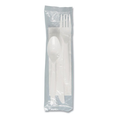 Image of SOLO® MOW9Y-0007 Regal Mediumweight Cutlery Kit, Individually Wrapped, Fork/Knife/Napkin/Spoon, Plastic, White, 250/Carton