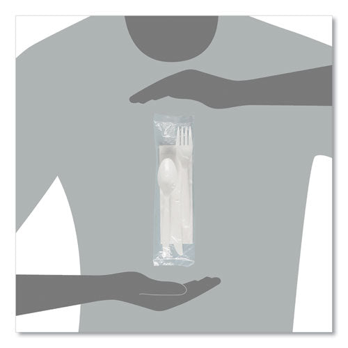 Image of SOLO® MOW9Y-0007 Regal Mediumweight Cutlery Kit, Individually Wrapped, Fork/Knife/Napkin/Spoon, Plastic, White, 250/Carton