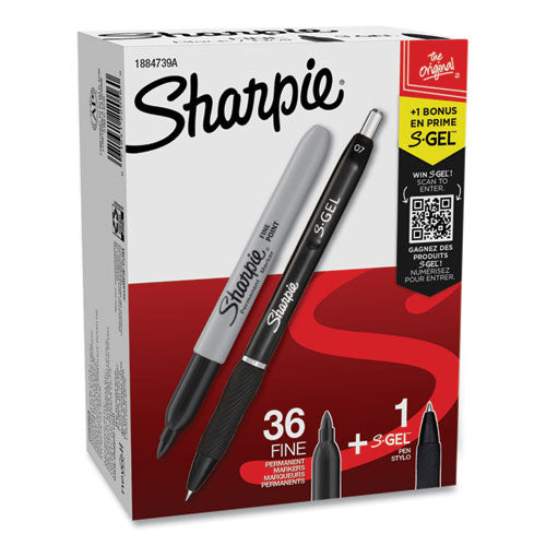 Image of Sharpie® 1884739 Fine Tip Permanent Marker Value Pack with (1) Bonus S-Gel 0.7 mm Black Ink Pen, Fine Bullet Tip Markers, Black Ink, 36/Pack