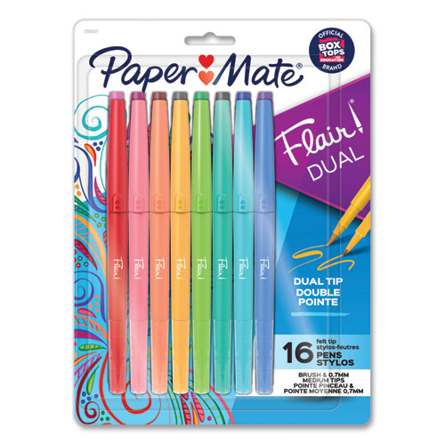 Image of Paper Mate® 2181607 Flair Dual Porous Point Pen, Stick, Medium 0.7 mm Bullet, Pressure-Sensitive Brush, Assorted Ink and Barrel Colors, 16/Pack
