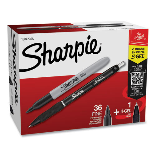 Image of Sharpie® 1884739 Fine Tip Permanent Marker Value Pack with (1) Bonus S-Gel 0.7 mm Black Ink Pen, Fine Bullet Tip Markers, Black Ink, 36/Pack