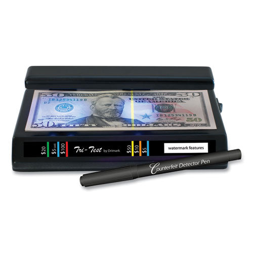 Image of Dri-Mark® 351TRI Tri Test Counterfeit Bill Detector for USD and Most International Currencies, 3 Detection Methods, 7" x 4" x 2.5", Black