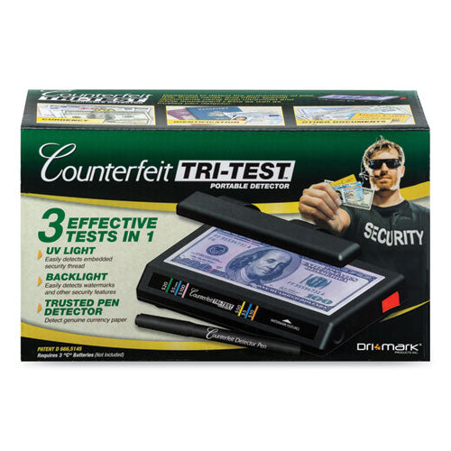 Image of Dri-Mark® 351TRI Tri Test Counterfeit Bill Detector for USD and Most International Currencies, 3 Detection Methods, 7" x 4" x 2.5", Black