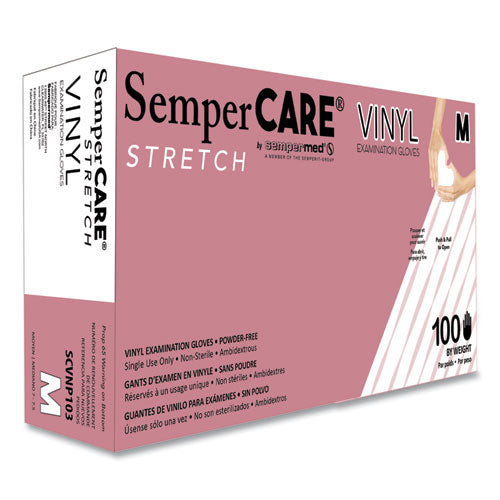Image of SemperCare® SCVNP103 Stretch Vinyl Examination Gloves, Powder-Free, Medium, 5 mil Thick, 9.45" Long, Cream, 100/Box