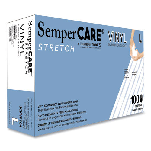 Image of SemperCare® SCVNP104 Stretch Vinyl Examination Gloves, Powder-Free, Large, 5 mil Thick, 9.45" Long, Cream, 100/Box, 10 Boxes/Carton