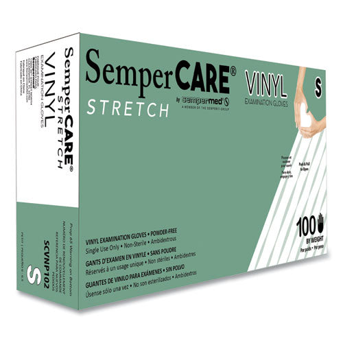 Image of SemperCare® SCVNP102 Stretch Vinyl Examination Gloves, Powder-Free, Small, 5 mil Thick, 9.45" Long, Cream, 100/Box, 10 Boxes/Carton