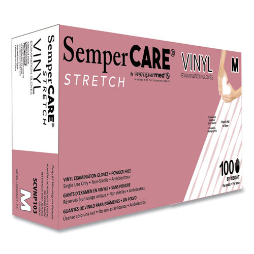 Image of SemperCare® SCVNP103 Stretch Vinyl Examination Gloves, Powder-Free, Medium, 5 mil Thick, 9.45" Long, Cream, 100/Box, 10 Boxes/Carton