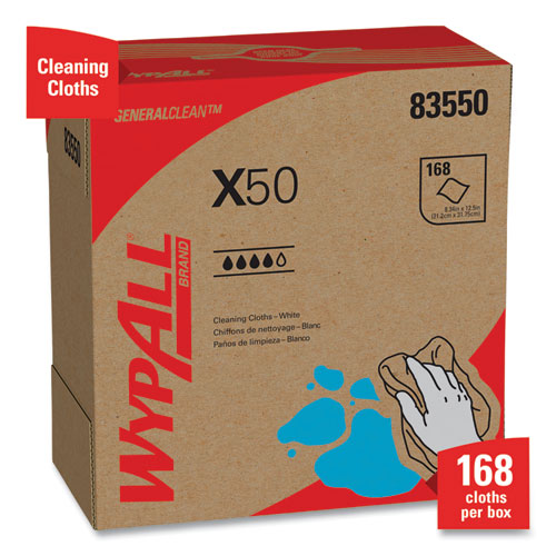 Image of WypAll® 83550 X50 Cloths, POP-UP Box, 12.5 x 9.1, White, 168/Box, 10 Boxes/Carton