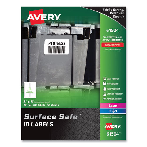 Image of Avery® 61504 Surface Safe ID Labels, 3 x 5, White, 4/Sheet, 50 Sheets/Box