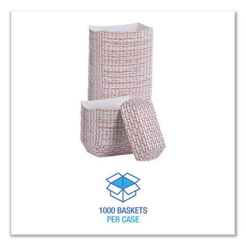 Image of Boardwalk® BWK30LAG040 Paper Food Baskets, 6 oz Capacity, 3.78 x 4.3 x 1.08, Red/White, 1,000/Carton