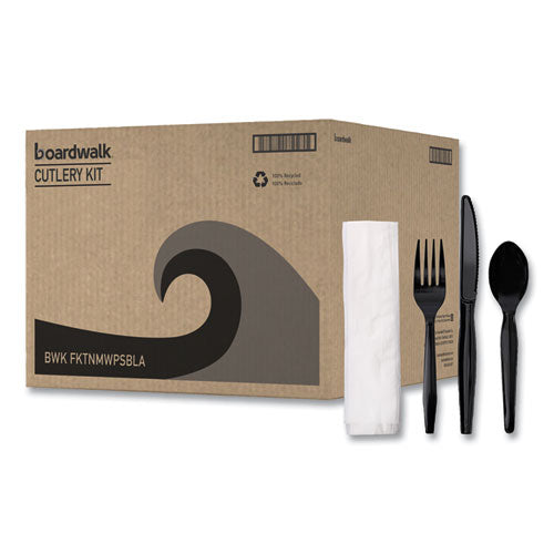 Image of Boardwalk® BWKFKTNMWPSBLA Four-Piece Cutlery Kit, Mediumweight, Fork/Knife/Napkin/Spoon, Plastic, Black, 250/Carton