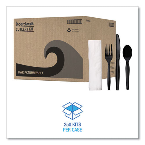 Image of Boardwalk® BWKFKTNMWPSBLA Four-Piece Cutlery Kit, Mediumweight, Fork/Knife/Napkin/Spoon, Plastic, Black, 250/Carton