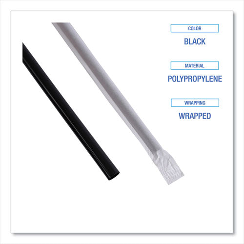 Image of Boardwalk® BWKJSTW775B Wrapped Jumbo Straws, 7.75", Polypropylene, Black, 250/pack, 50 Packs/carton