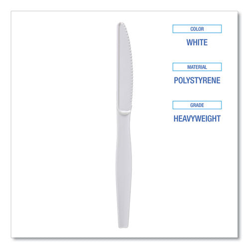 Image of Boardwalk® BWKKNIFEHW Heavyweight Polystyrene Cutlery, Knife, Plastic, White, 1,000/Carton