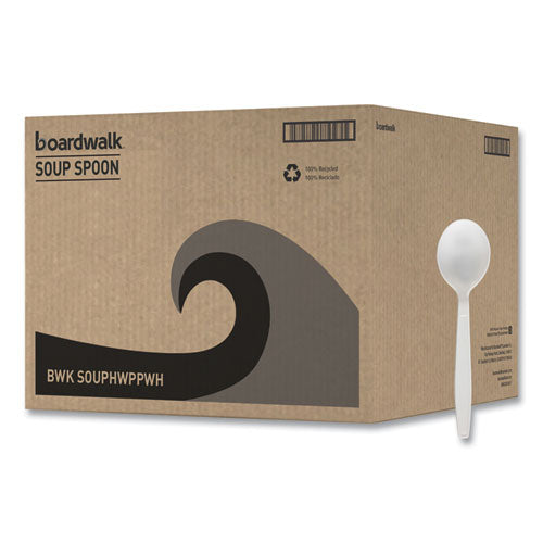 Image of Boardwalk® BWKSOUPHWPPWH Heavyweight Polypropylene Cutlery, Soup Spoon, Plastic, White, 1,000/Carton