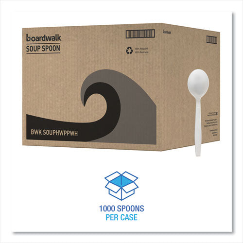 Image of Boardwalk® BWKSOUPHWPPWH Heavyweight Polypropylene Cutlery, Soup Spoon, Plastic, White, 1,000/Carton