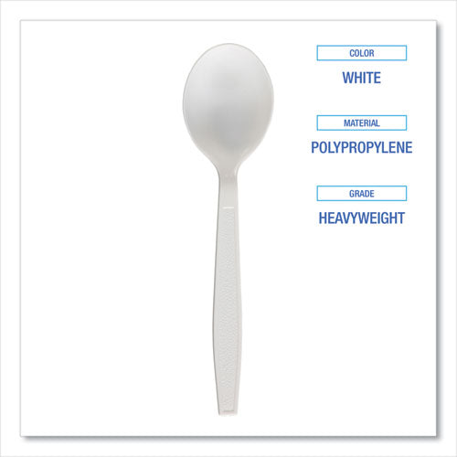 Image of Boardwalk® BWKSOUPHWPPWH Heavyweight Polypropylene Cutlery, Soup Spoon, Plastic, White, 1,000/Carton