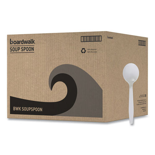 Image of Boardwalk® BWKSOUPSPOON Mediumweight Polystyrene Cutlery, Soup Spoon, Plastic, White, 1,000/Carton