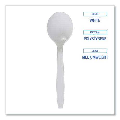 Image of Boardwalk® BWKSOUPSPOON Mediumweight Polystyrene Cutlery, Soup Spoon, Plastic, White, 1,000/Carton