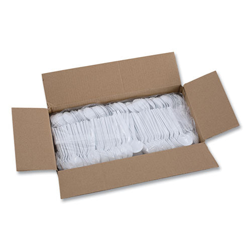 Image of Boardwalk® BWKSOUPSPOON Mediumweight Polystyrene Cutlery, Soup Spoon, Plastic, White, 1,000/Carton