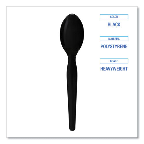 Image of Boardwalk® BWKSPOONHWBLA Heavyweight Polystyrene Cutlery, Spoon, Plastic, Black, 1,000/Carton