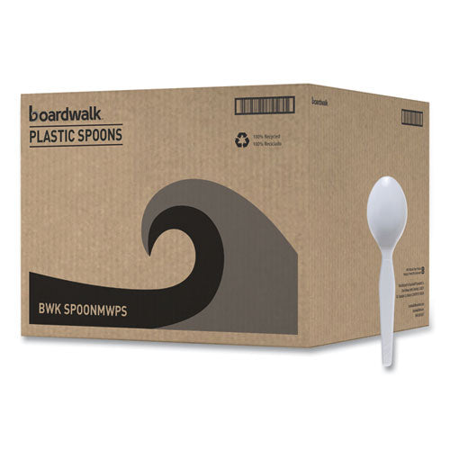 Image of Boardwalk® BWK SPOONMWPS Mediumweight Polystyrene Cutlery, Spoon, Plastic, White, 100/Box, 10 Boxes/Carton